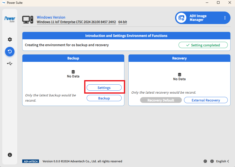 Windows ADV Image Manager - encrypted backup settings
