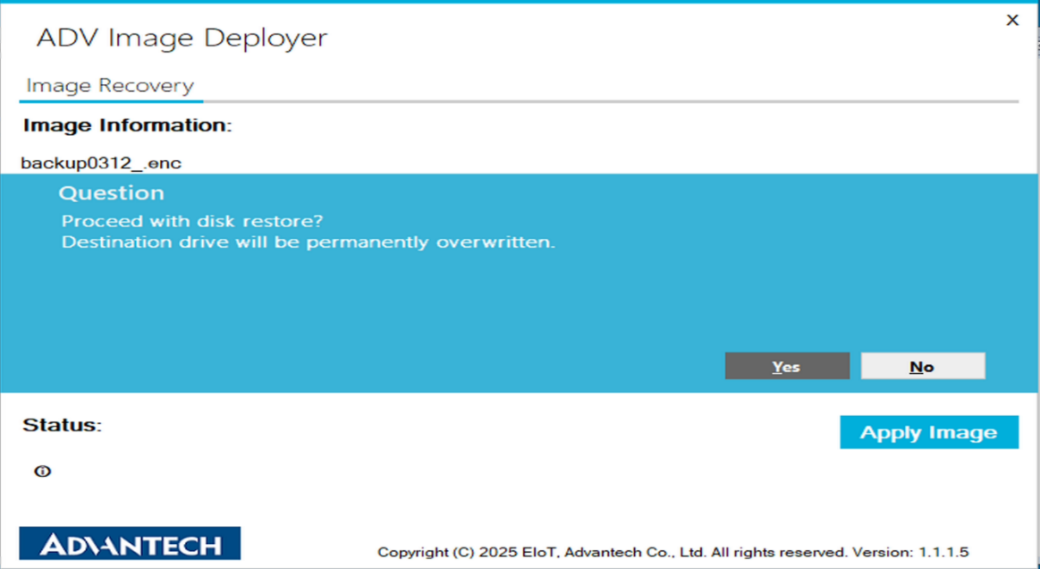 Windows ADV Image Manager - apply image confirmation